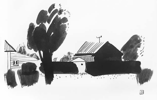 Пейзаж с чёрным забором и белым домиком