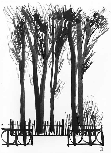 Пейзаж с деревьями и забором