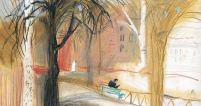 Принт с нарисованным на нем улицей с деревьями и сидящим человеком на лавочке