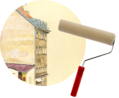Круг с нарисованным домом и валик для покраски стен