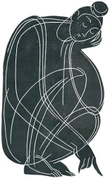 Женщина сидит и думает, нарисована в черно-белых тонах